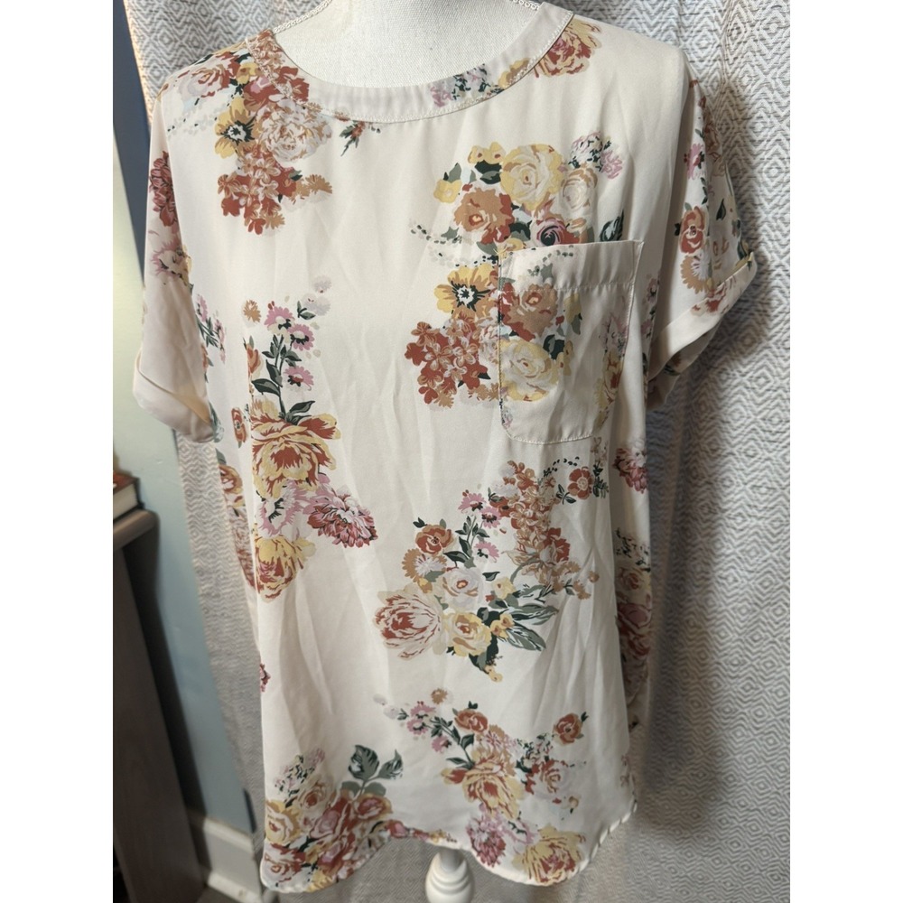 Buffalo David Bitton White Short Sleeve Blouse Pink Floral Print Pocket Sheer L